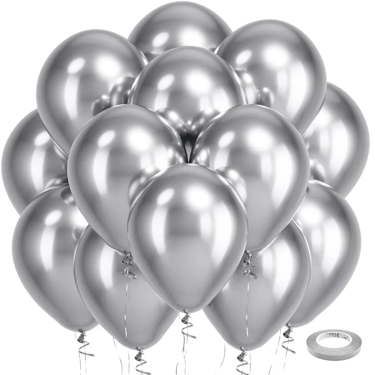 Bezente Silver Metallic Chrome Latex Round Helium Balloons 100 Pack 12 inch | Premium Quality Party Balloons - main product image