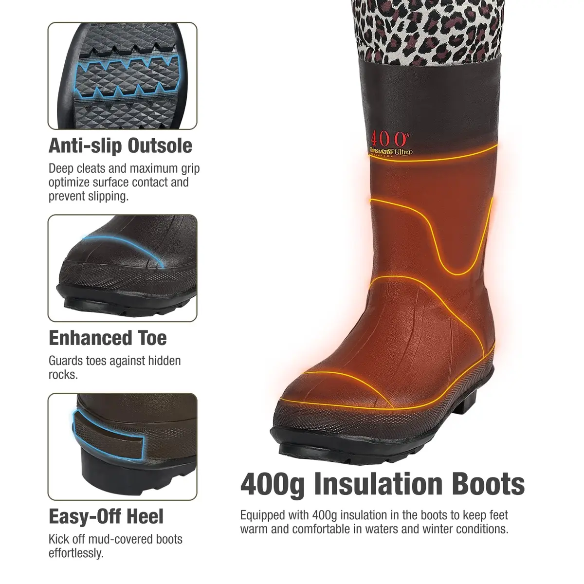 HISEA Neoprene Chest Waders Leopard Print Duck Hunting Waders for Women with Boots Waterproof Insulated 10 | Waterproof Fishing Waders - view 4