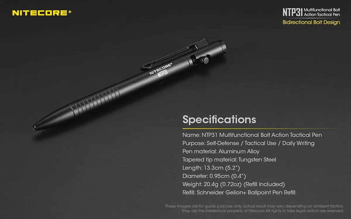 Nitecore NTP31 Bolt Action Tactical Pen with Tungsten Steel Glass Breaker & Schneider Gel Ink Refill, 13.2cm (5.2") | Smooth Writing & Emergency Tool - view 7