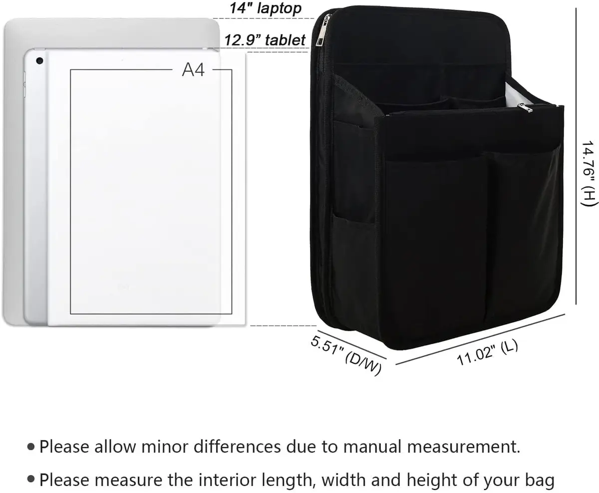 Yoillione Nylon Backpack Organizer Insert for Men and Women, Large Bag Organizer with Zipper Pockets, 27.5cm x 13cm x 36.5cm - view 3