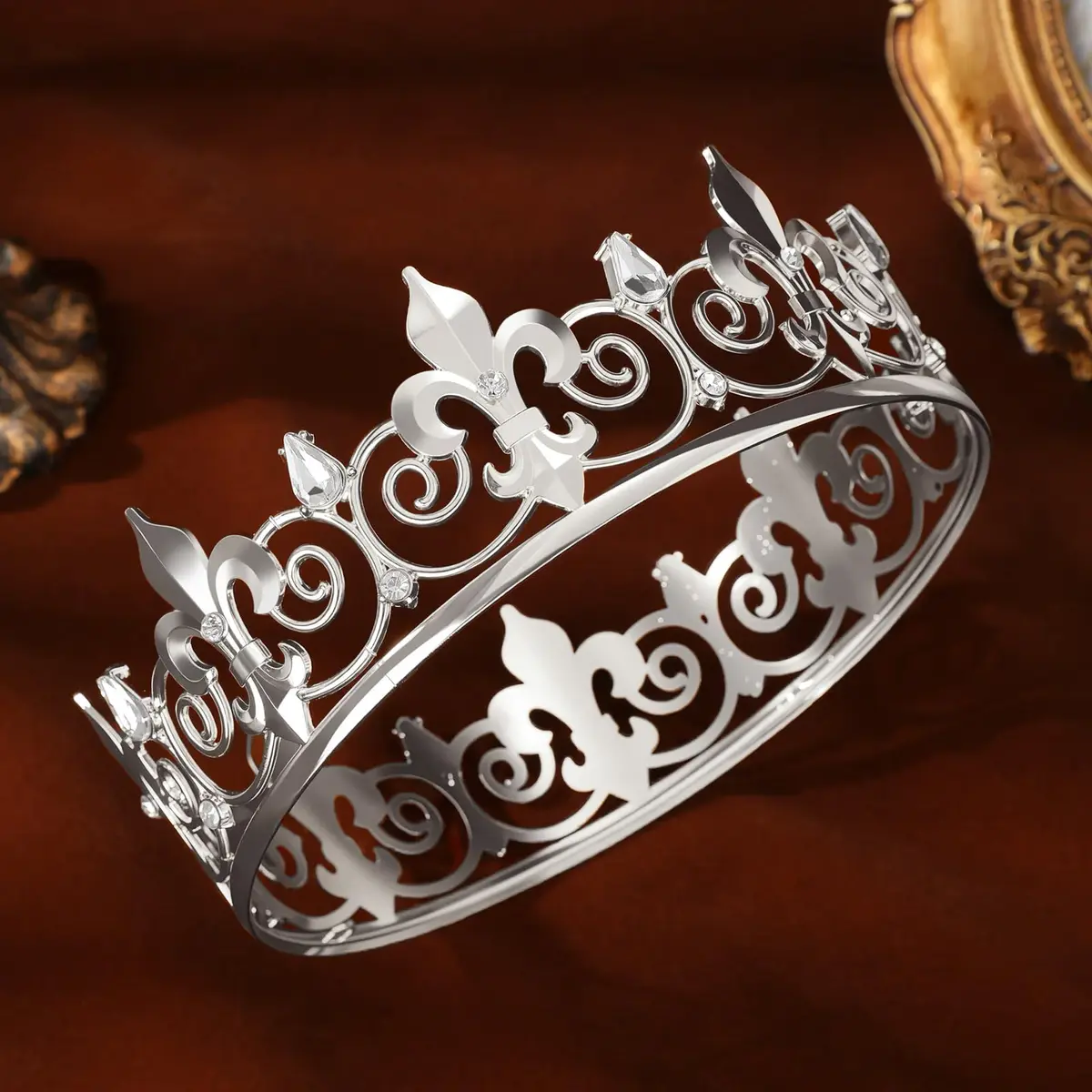 FORSEVEN Full Round King Crown- Metal Rhinestone Crowns for Men | Elegant Baroque Design with Crystal & Alloy (16 x 16 x 5 cm) - view 6
