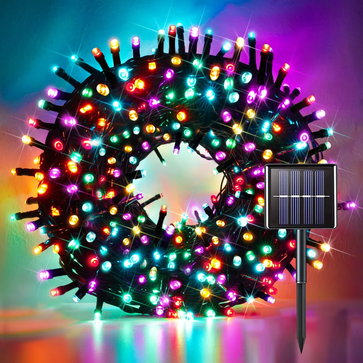 suddus 5 Colors Solar String Lights | Waterproof Outdoor Christmas Lights with 8 Modes, 100 LED, Multi Colored, 33Ft, Solar Powered - main product image