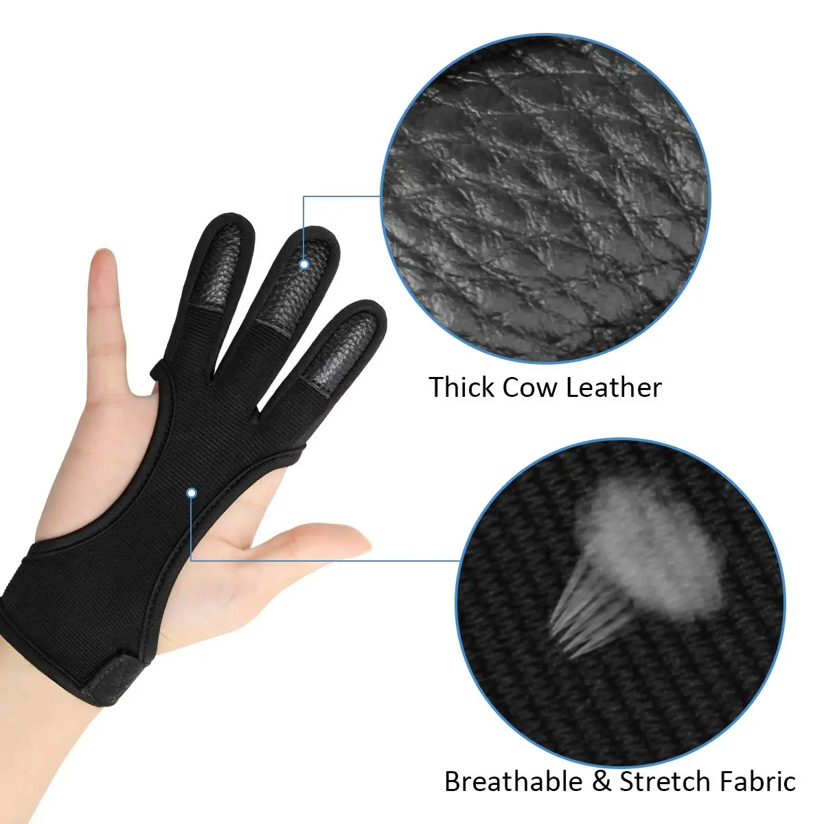 Coolrunner Archery Glove Three Finger Leather with Velcro Strap, Black, Large | Protects Fingers from Bowstring & Arrows - view 2