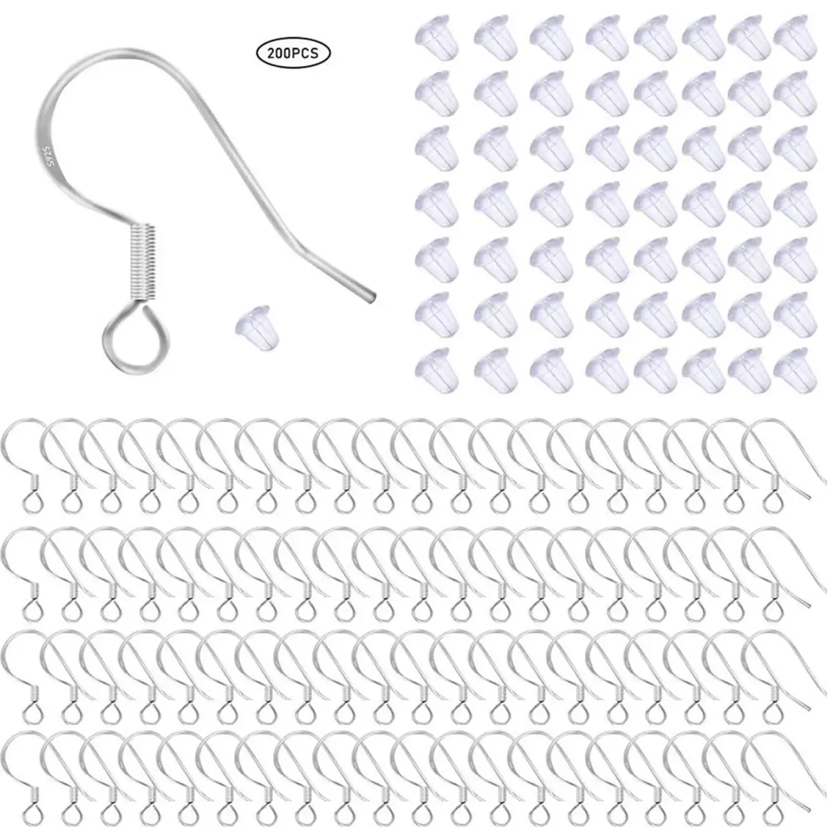 Grenali 925 Sterling Silver Earring Hooks & Clear Rubber Stoppers 50 Pairs | Hypoallergenic & Nickel-Free for DIY Jewelry Making - main product image