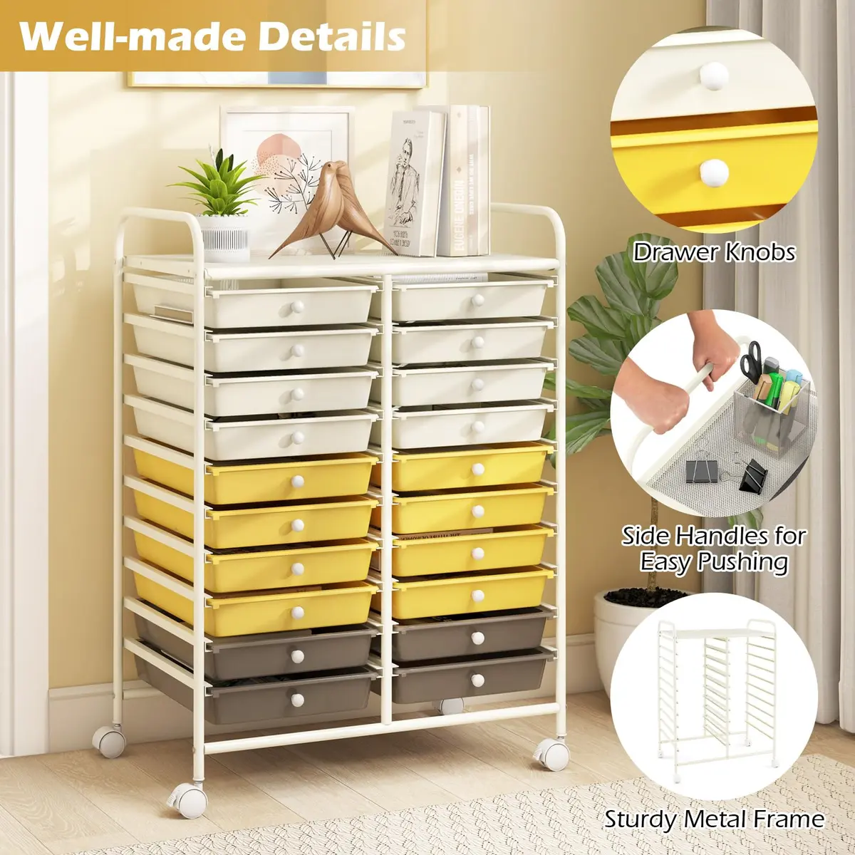 HAPPYGRILL 20-Drawer Organizer Cart Tools | Mobile Utility Storage with Lockable Wheels (25" W x 15" D x 35" H) - view 3