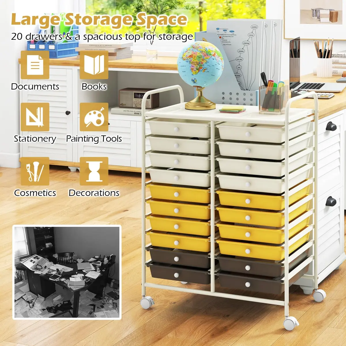 HAPPYGRILL 20-Drawer Organizer Cart Tools | Mobile Utility Storage with Lockable Wheels (25" W x 15" D x 35" H) - view 4