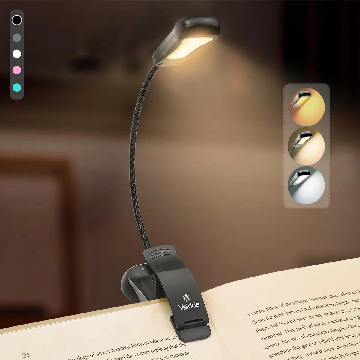 Vekkia Rechargeable Book Light for Books in Bed, Black | 70 Hours Reading Time - main product image