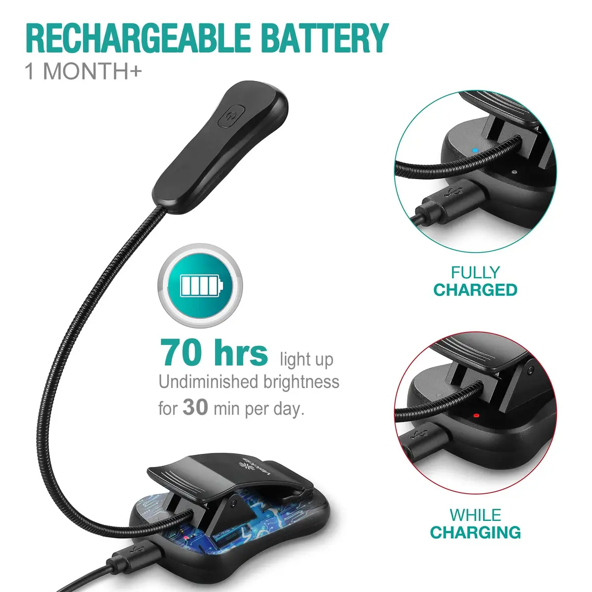 Vekkia Rechargeable Book Light for Books in Bed, Black | 70 Hours Reading Time - view 4
