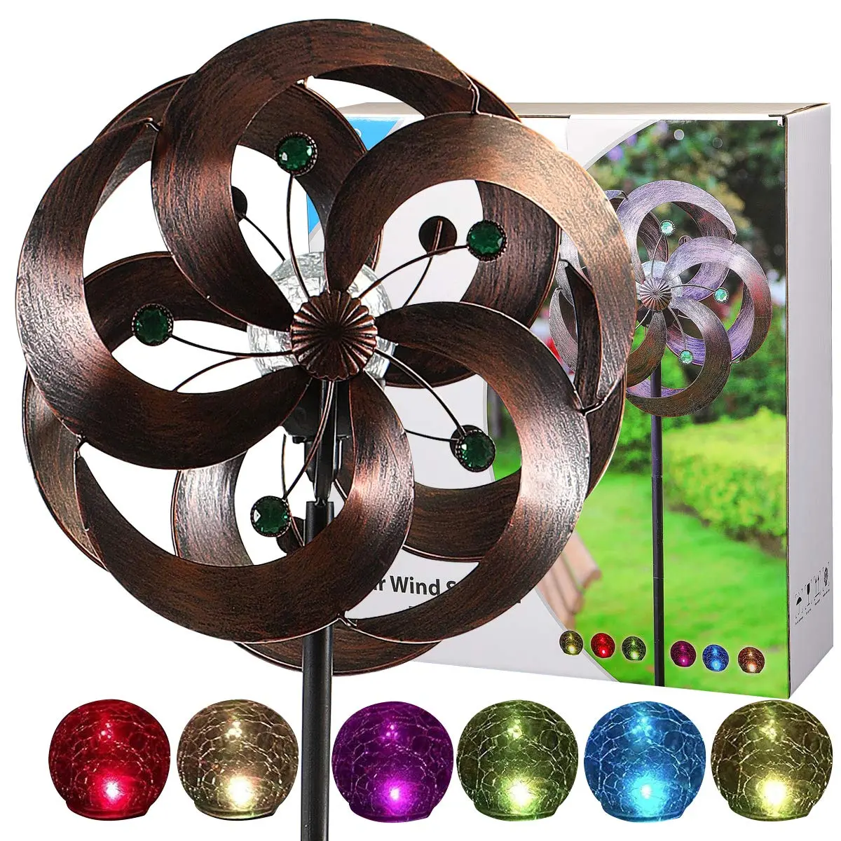 HDNICEZM Solar Wind Spinner 75in | Multi-Color LED & Kinetic Metal Sculpture for Yard & Garden - view 6