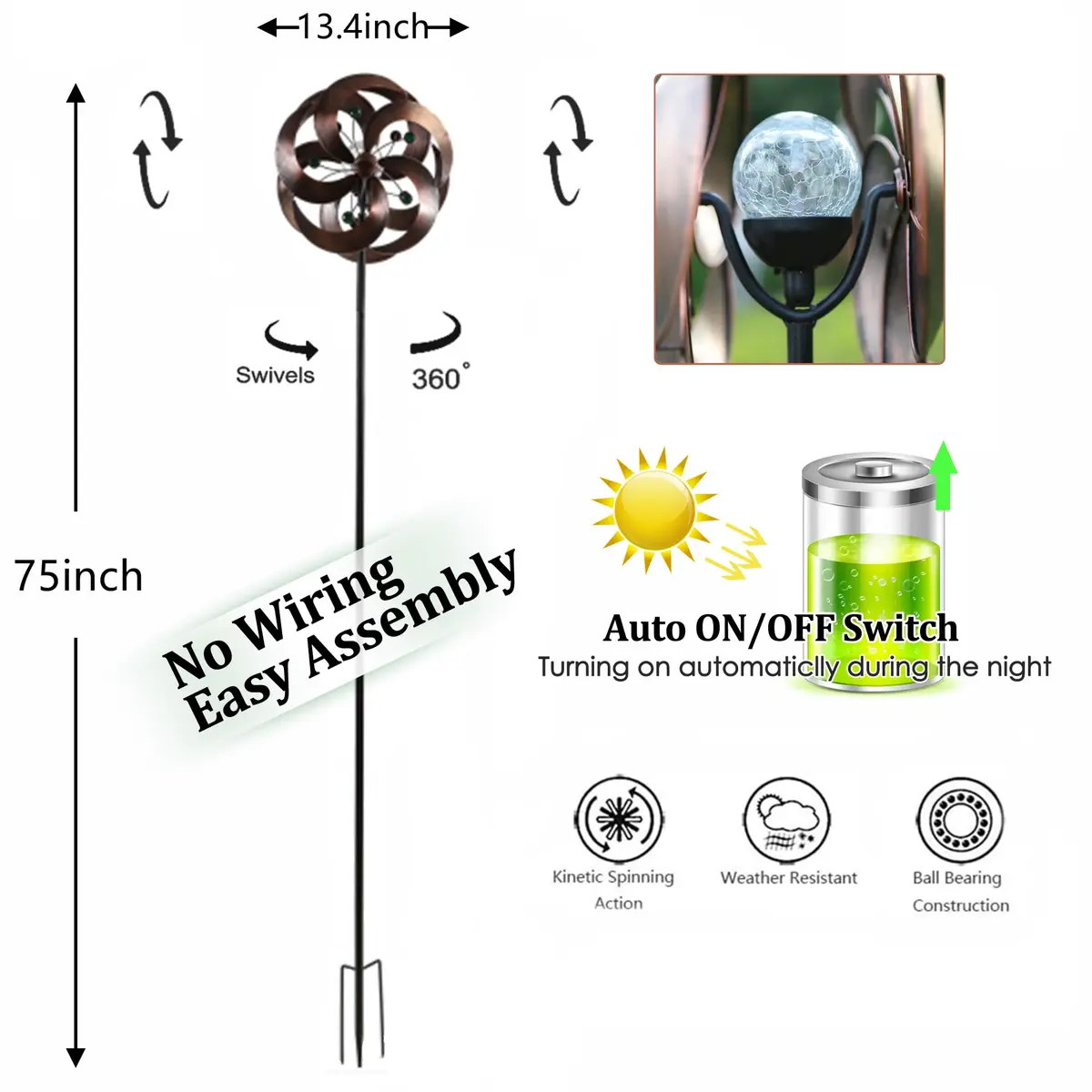 HDNICEZM Solar Wind Spinner 75in | Multi-Color LED & Kinetic Metal Sculpture for Yard & Garden - view 2
