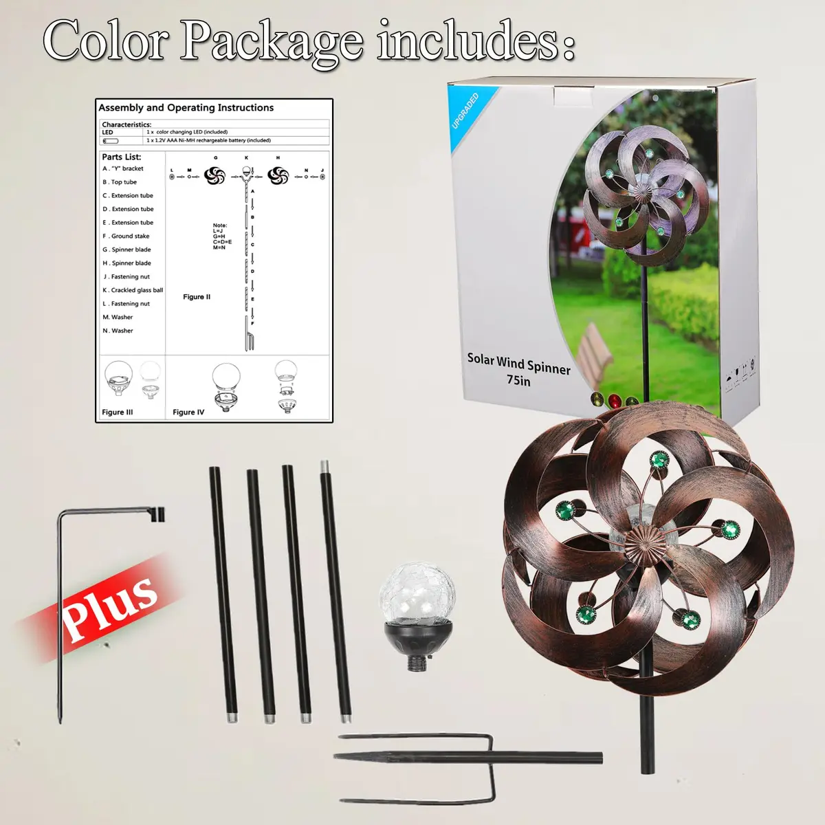 HDNICEZM Solar Wind Spinner 75in | Multi-Color LED & Kinetic Metal Sculpture for Yard & Garden - view 3