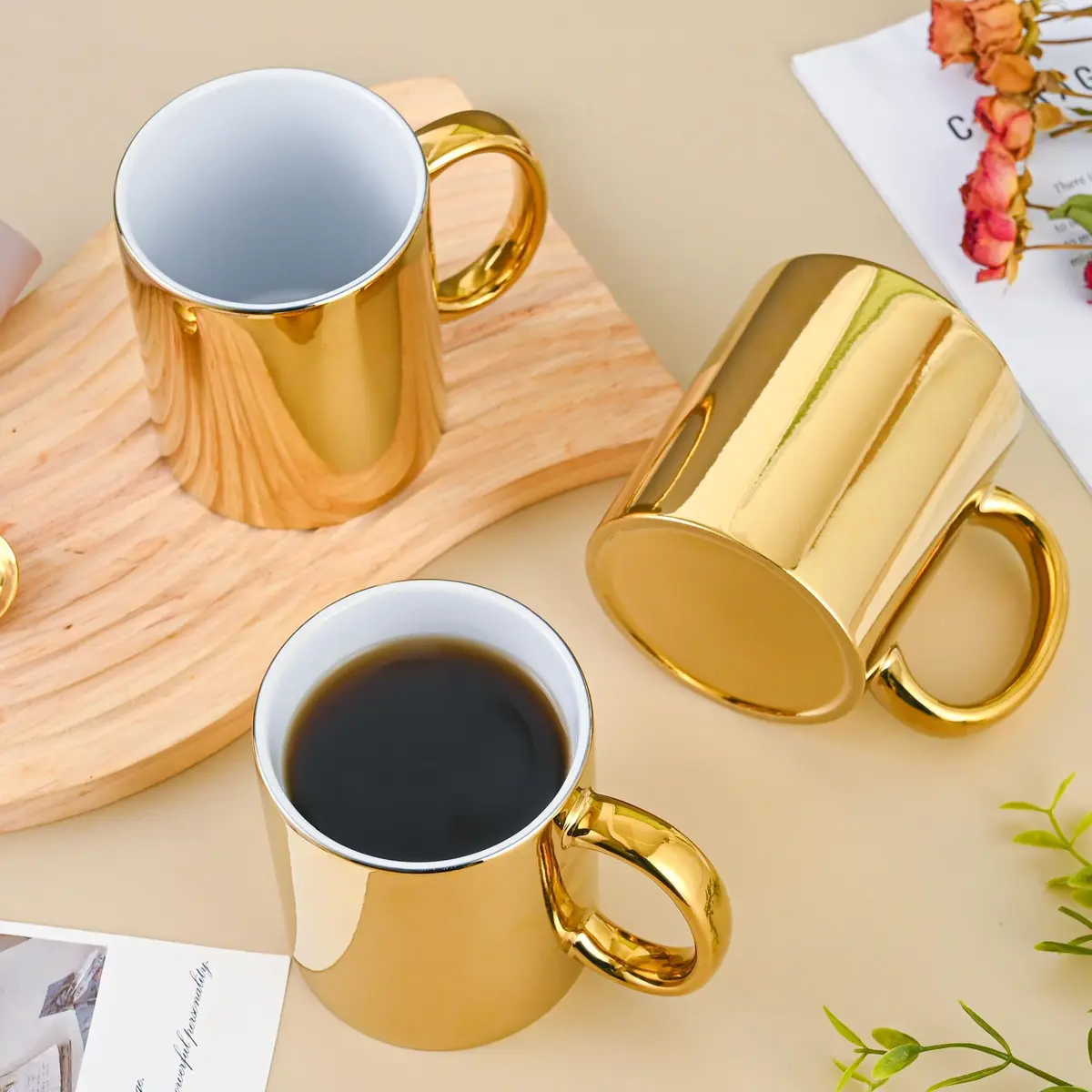 BYCNZB Gold Ceramic Coffee Mugs Set of 4 | 355ml (12oz) Modern Drinking Cups - view 6