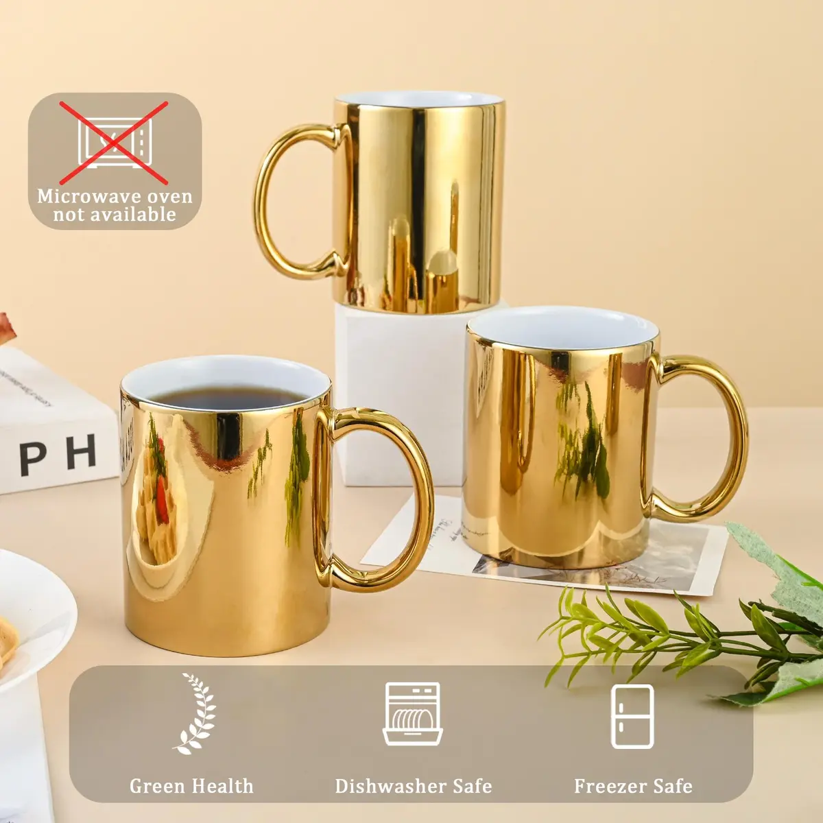 BYCNZB Gold Ceramic Coffee Mugs Set of 4 | 355ml (12oz) Modern Drinking Cups - view 3