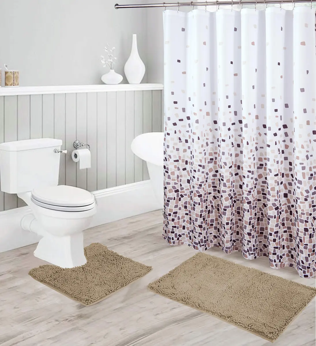 Linen Plus Chenille Soft Rug Anti-Slip Bath Set Taupe | Microfiber Bathroom Accessory (70-120 chars) - main product image