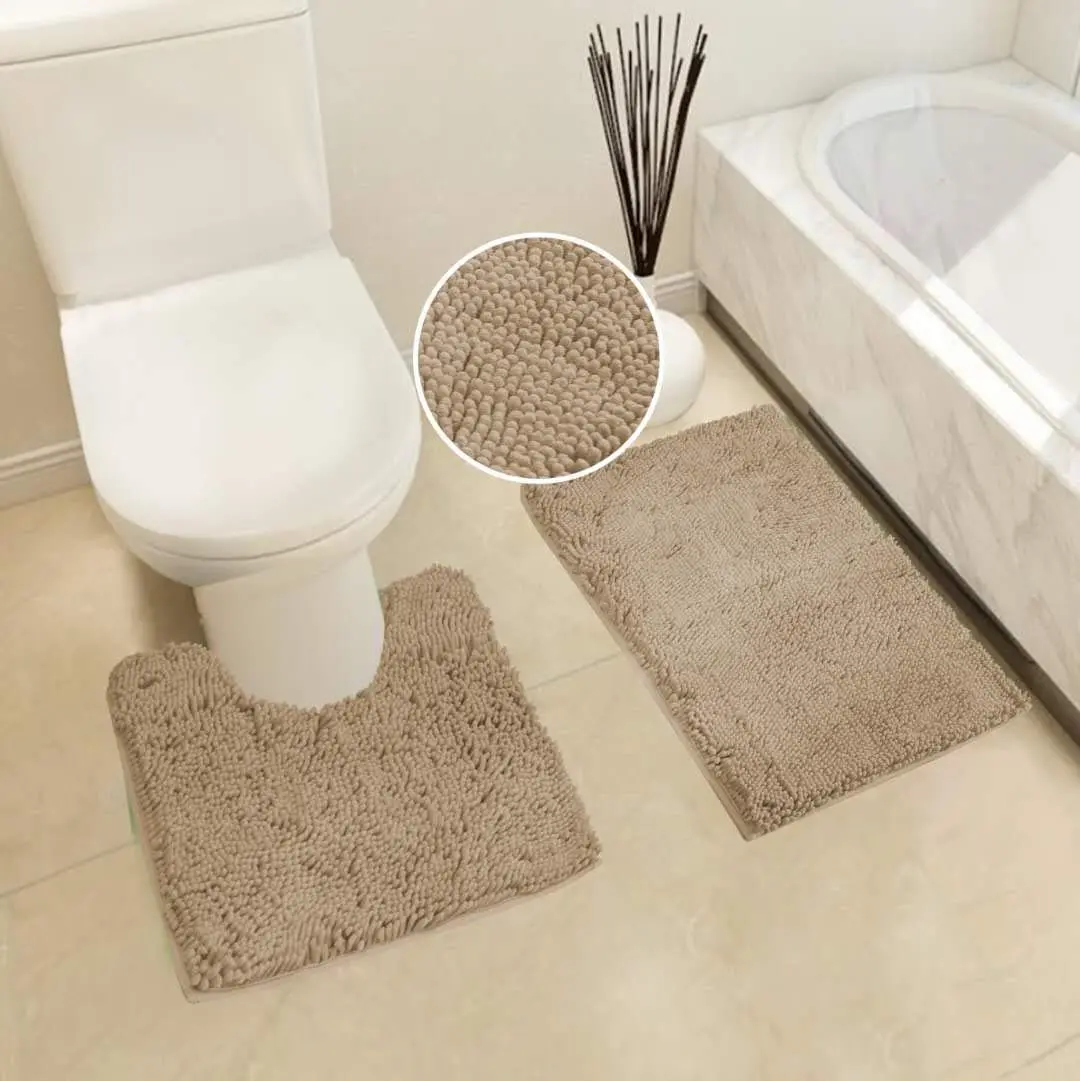 Linen Plus Chenille Soft Rug Anti-Slip Bath Set Taupe | Microfiber Bathroom Accessory (70-120 chars) - view 2