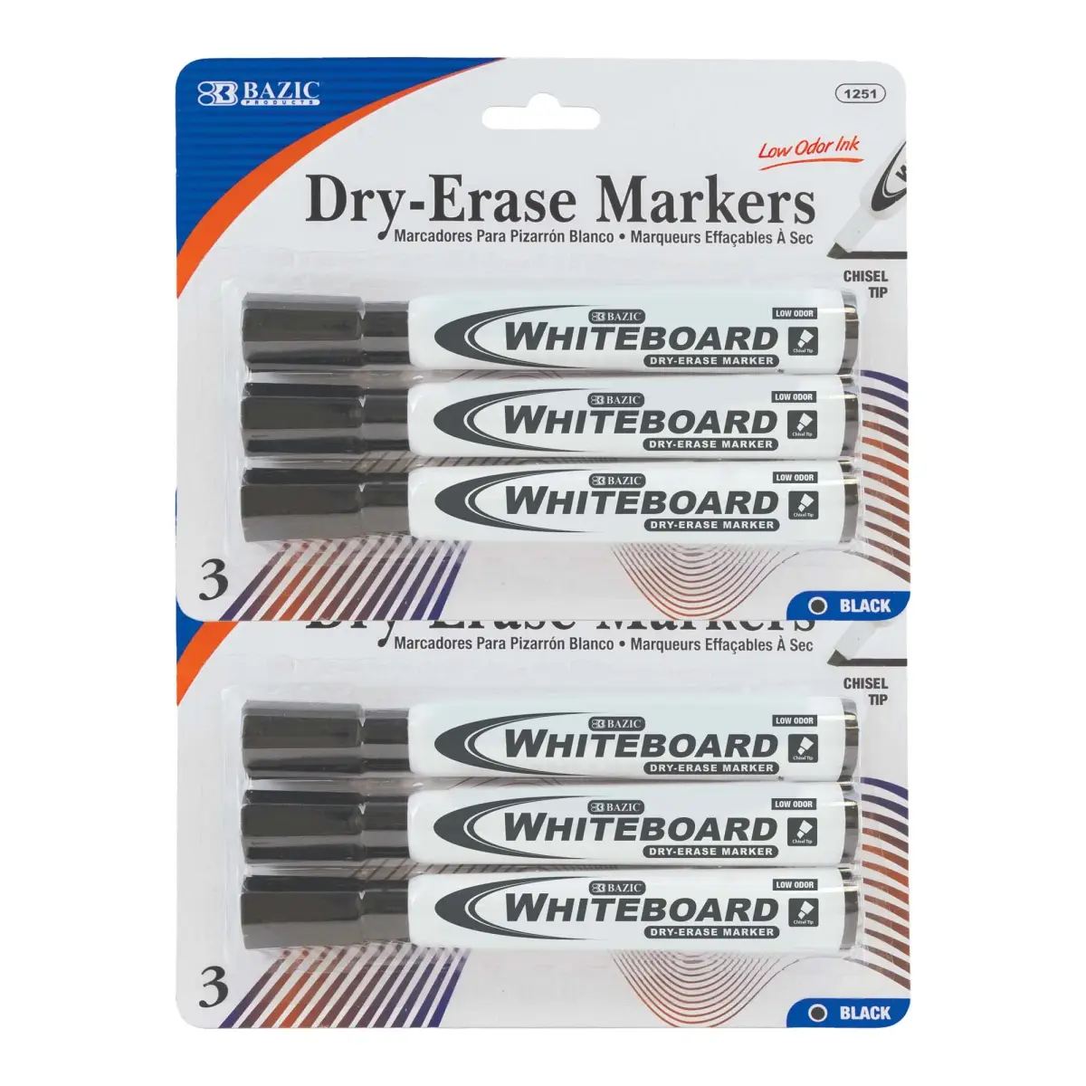 BAZIC PRODUCTS Black Chisel Tip Dry Erase Markers, 6 Count (2 x 3-Pack) | Low-Odor Ink for Whiteboards & Glass - main product image