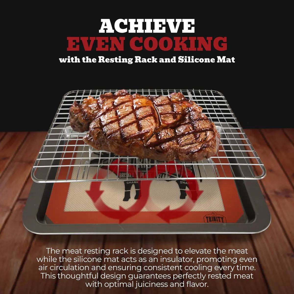 Trinity Provisions Large Meat Resting Pan with Wire Rack and Silicone Mat, 19 x 13 Inches (48.3 x 33 cm) | For Roasts, Steaks, BBQ, Bacon - view 4