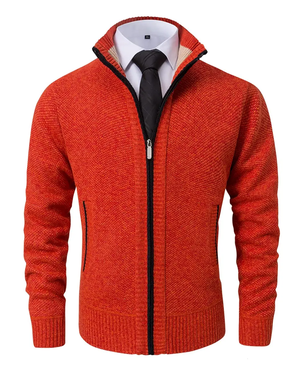 Vcansion Men's Casual Slim Fit Full Zip Thick Knit Cardigan Sweater with Pockets Orange-red | Classic Warmth & Style - main product image