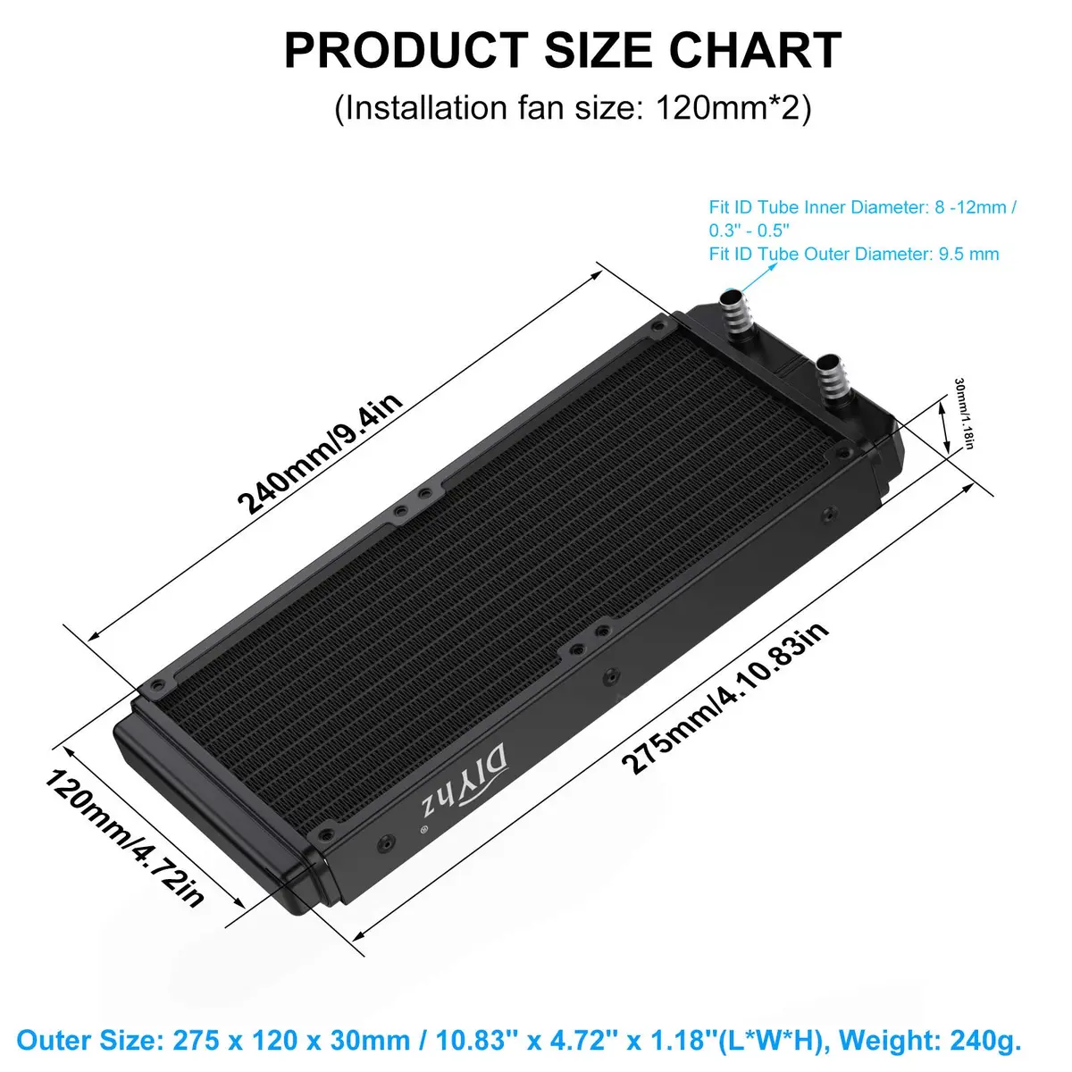 DIYhz Water Cooling Radiator 240mm Aluminum Heat Exchanger | High Performance CPU Liquid Cooler - view 2
