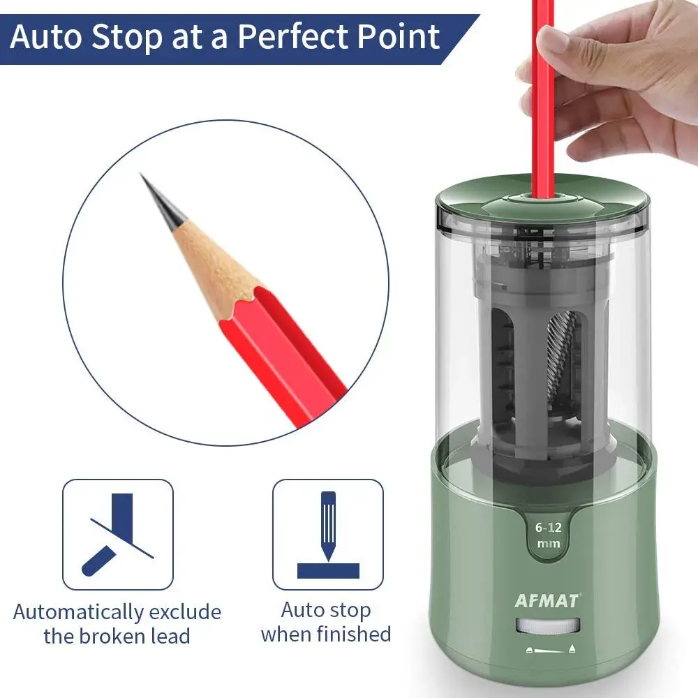 AFMAT Electric Pencil Sharpener Green | Auto Stop, Fast Sharpening, 6-12mm Pencils, Plug-in, 2 Sharpness Settings | 19cm (7.5in) - view 4