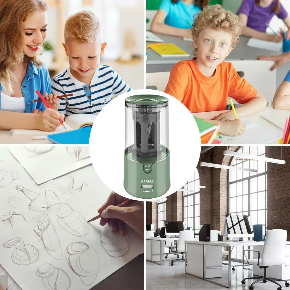 AFMAT Electric Pencil Sharpener Green | Auto Stop, Fast Sharpening, 6-12mm Pencils, Plug-in, 2 Sharpness Settings | 19cm (7.5in) - view 7