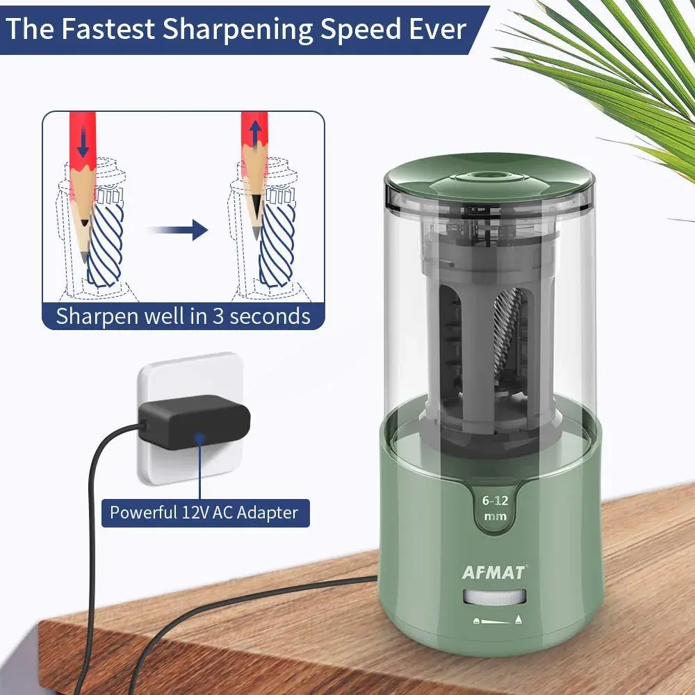 AFMAT Electric Pencil Sharpener Green | Auto Stop, Fast Sharpening, 6-12mm Pencils, Plug-in, 2 Sharpness Settings | 19cm (7.5in) - view 3