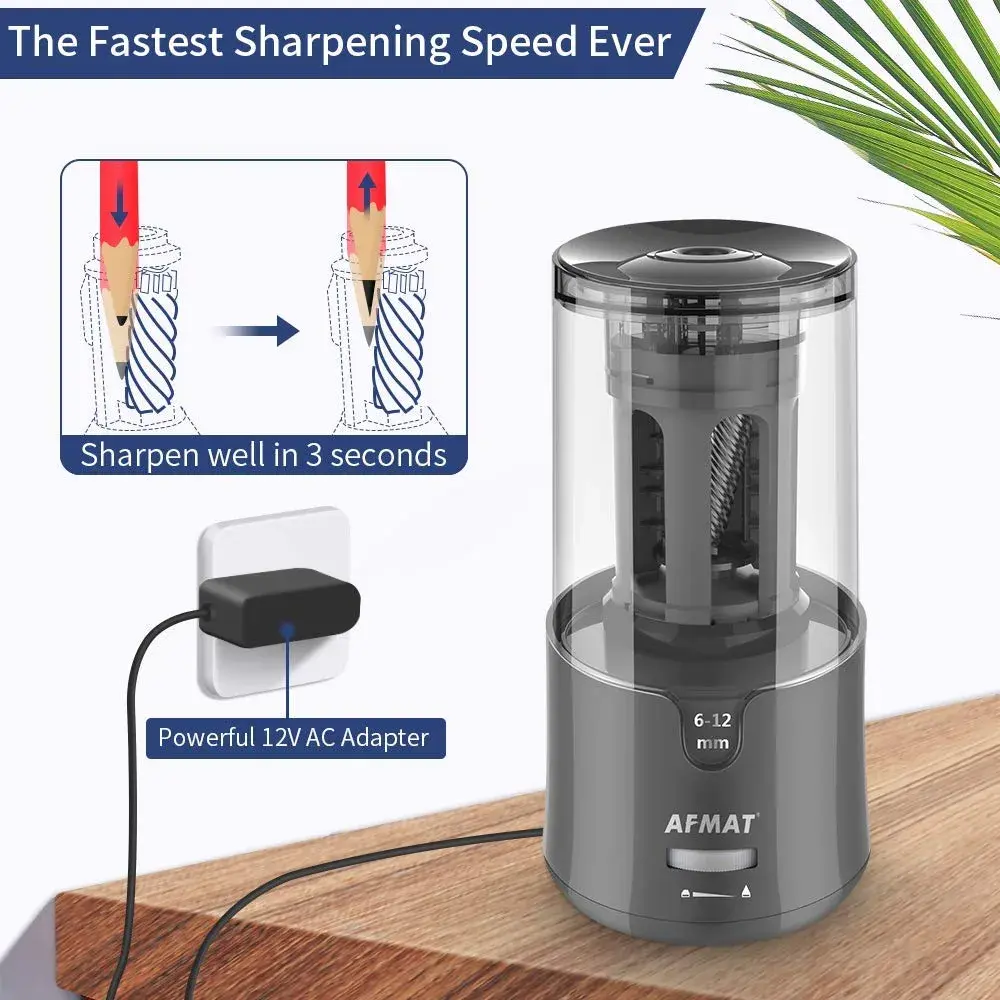 AFMAT Electric Pencil Sharpener, Heavy Duty for 6-12mm Pencils, Auto Stop, Fast & Sharp, Plug-in for Office/Home (Gray, 1 Unit) - view 3