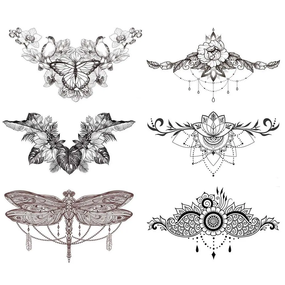 Glaryyears 3D Realistic Chest Underboob Temporary Tattoos for Women | Pack of 6 Large Waterproof Designs - main product image