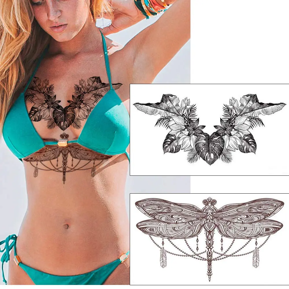 Glaryyears 3D Realistic Chest Underboob Temporary Tattoos for Women | Pack of 6 Large Waterproof Designs - view 2