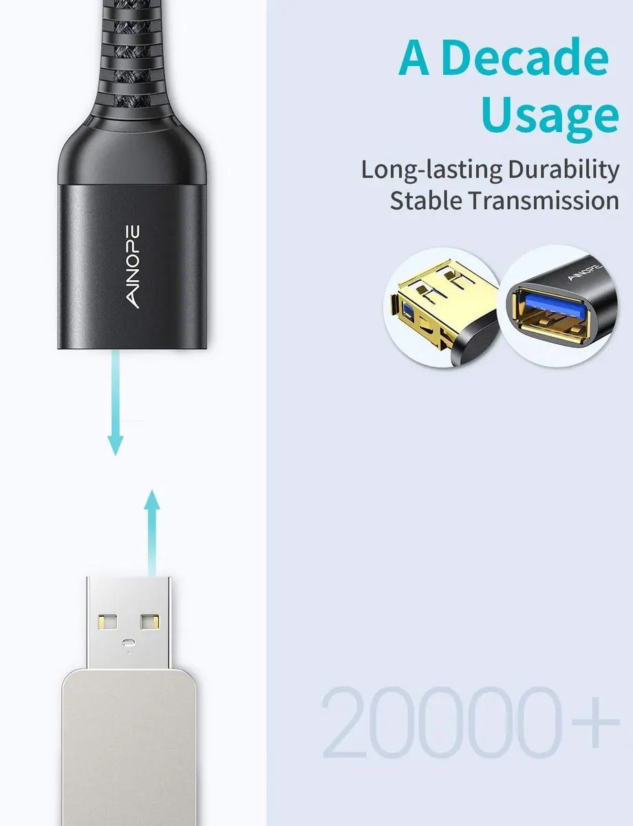 AINOPE 2 Pack USB 3.0 Extension Cable 2m (6.6ft) Black | High Speed Data Transfer & Charging - view 4
