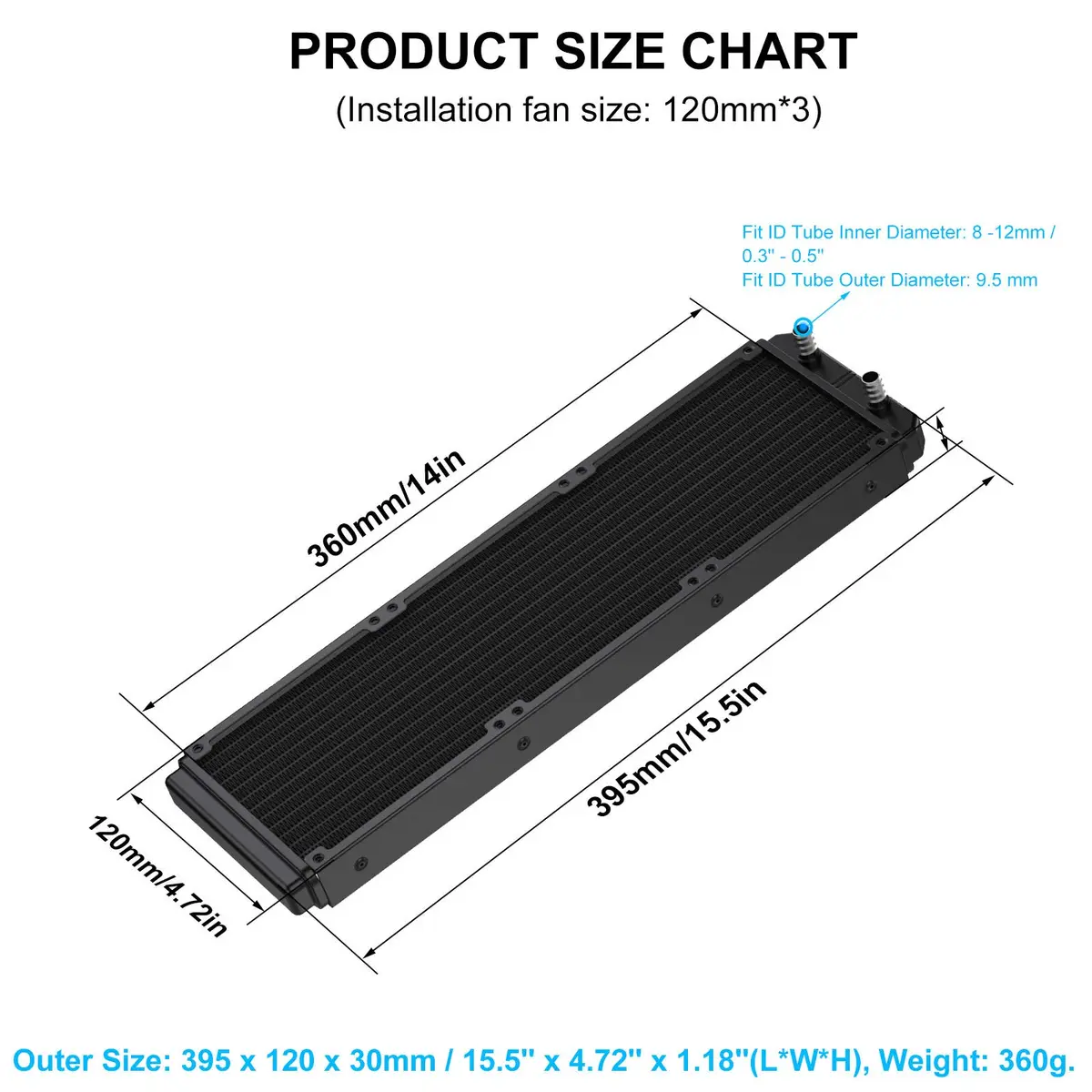 DIYhz 360mm Aluminum Water Cooling Radiator (39.5cm x 12cm x 3cm) | 12-Pipe Heat Exchanger for CPU PC Laser Water Cool System - view 2