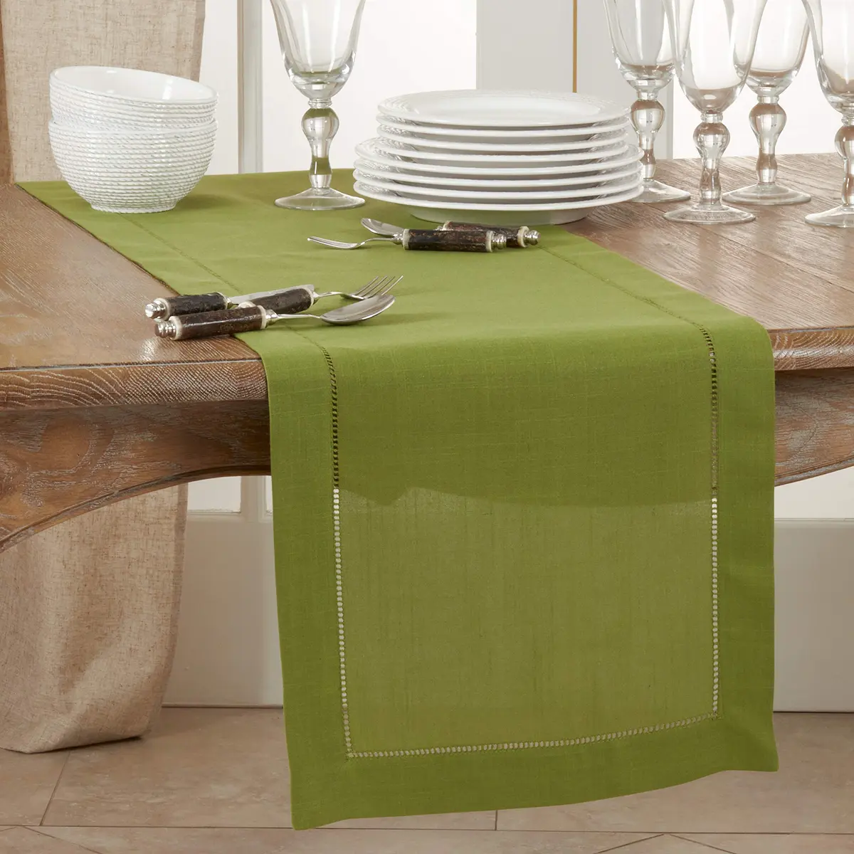 SARO LIFESTYLE Classic Hemstitch Table Runner 183 cm (72 in) Kiwi | Elegant Everyday Table Runner with Textured Fabric - view 3