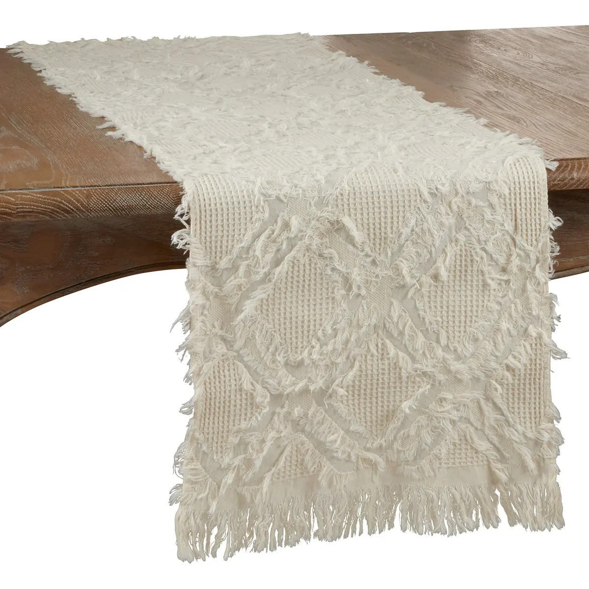 SARO LIFESTYLE Ivoryline Collection Fringe Waffle Weave Table Runner 16" x 72" | Elegant Cotton Decor - main product image