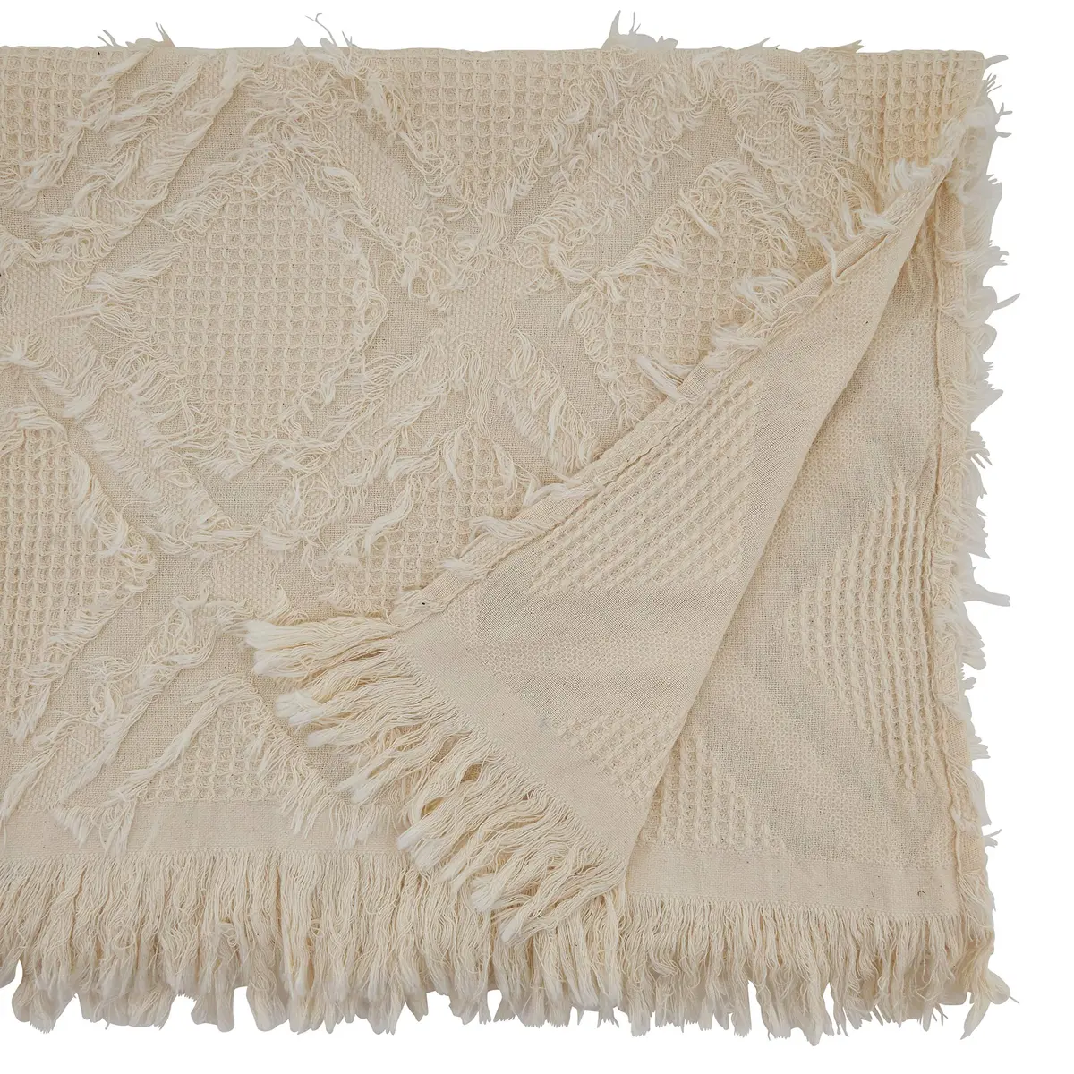 SARO LIFESTYLE Ivoryline Collection Fringe Waffle Weave Table Runner 16" x 72" | Elegant Cotton Decor - view 2