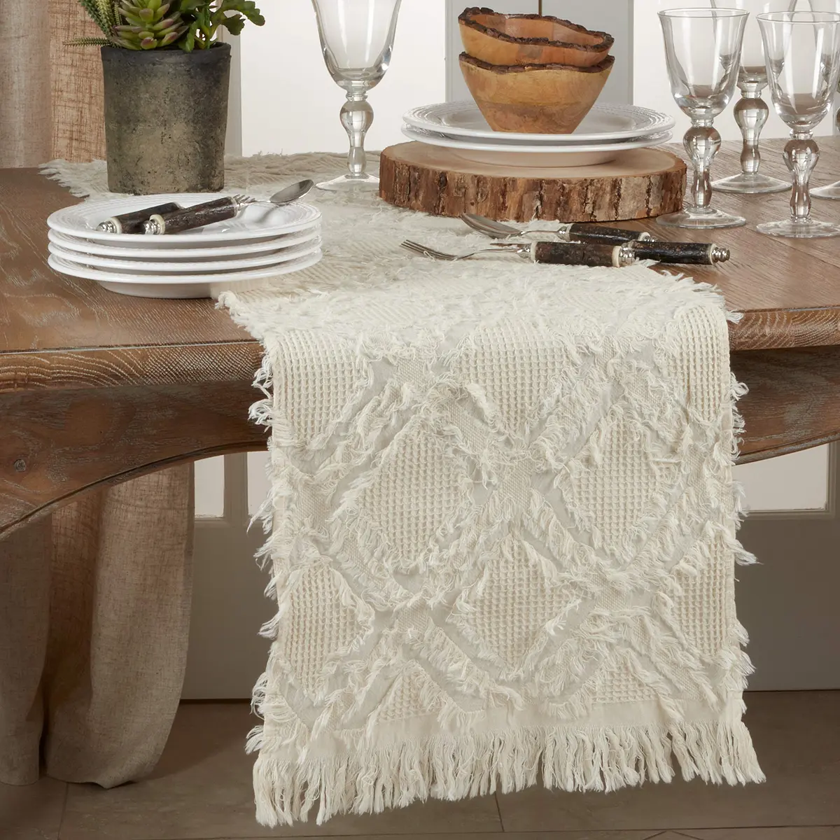 SARO LIFESTYLE Ivoryline Collection Fringe Waffle Weave Table Runner 16" x 72" | Elegant Cotton Decor - view 4