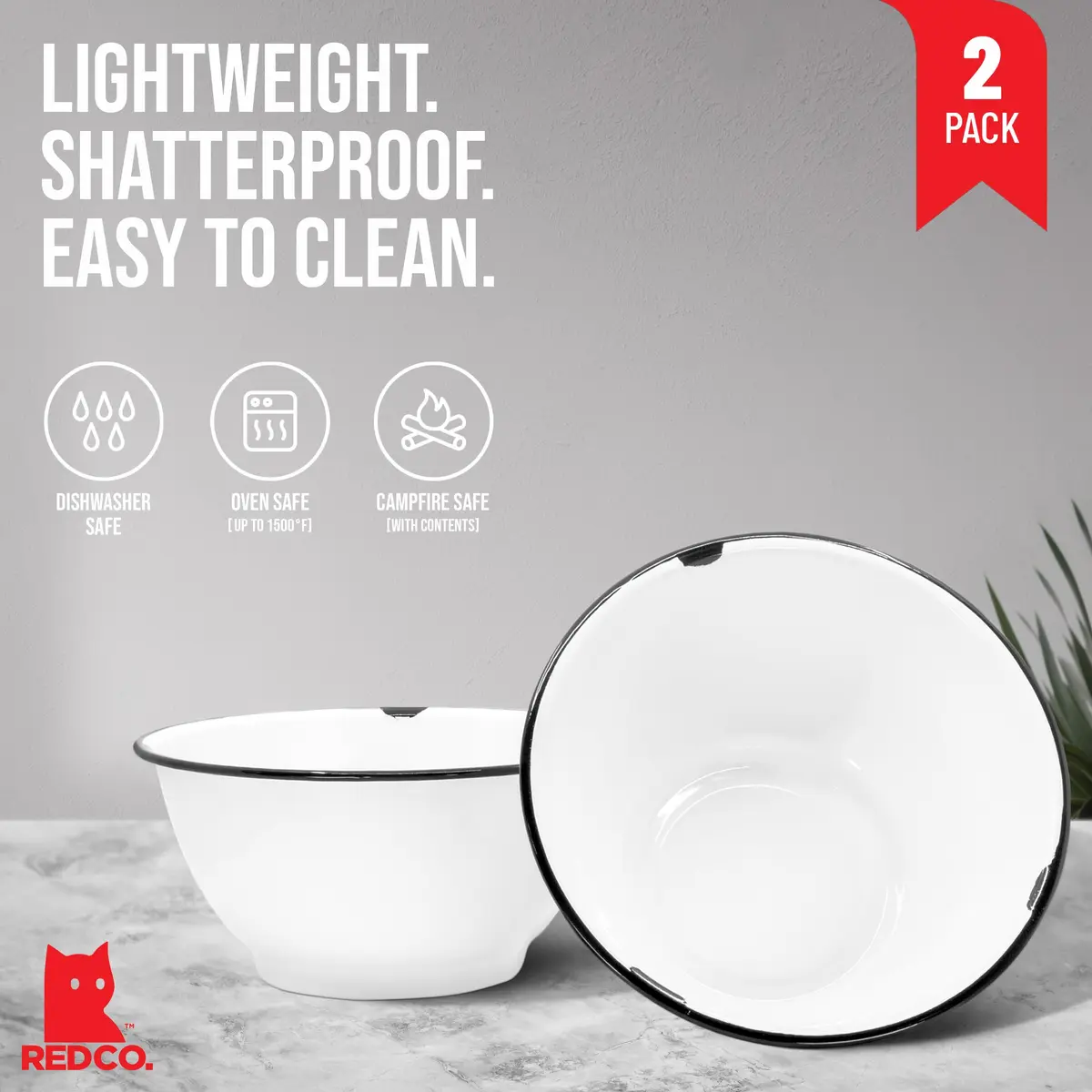 Red Co. Set of 2 Enamelware Metal Large Classic 4 qt Round Salad Serving Bowls | Vintage Style, Oven & Dishwasher Safe - view 2