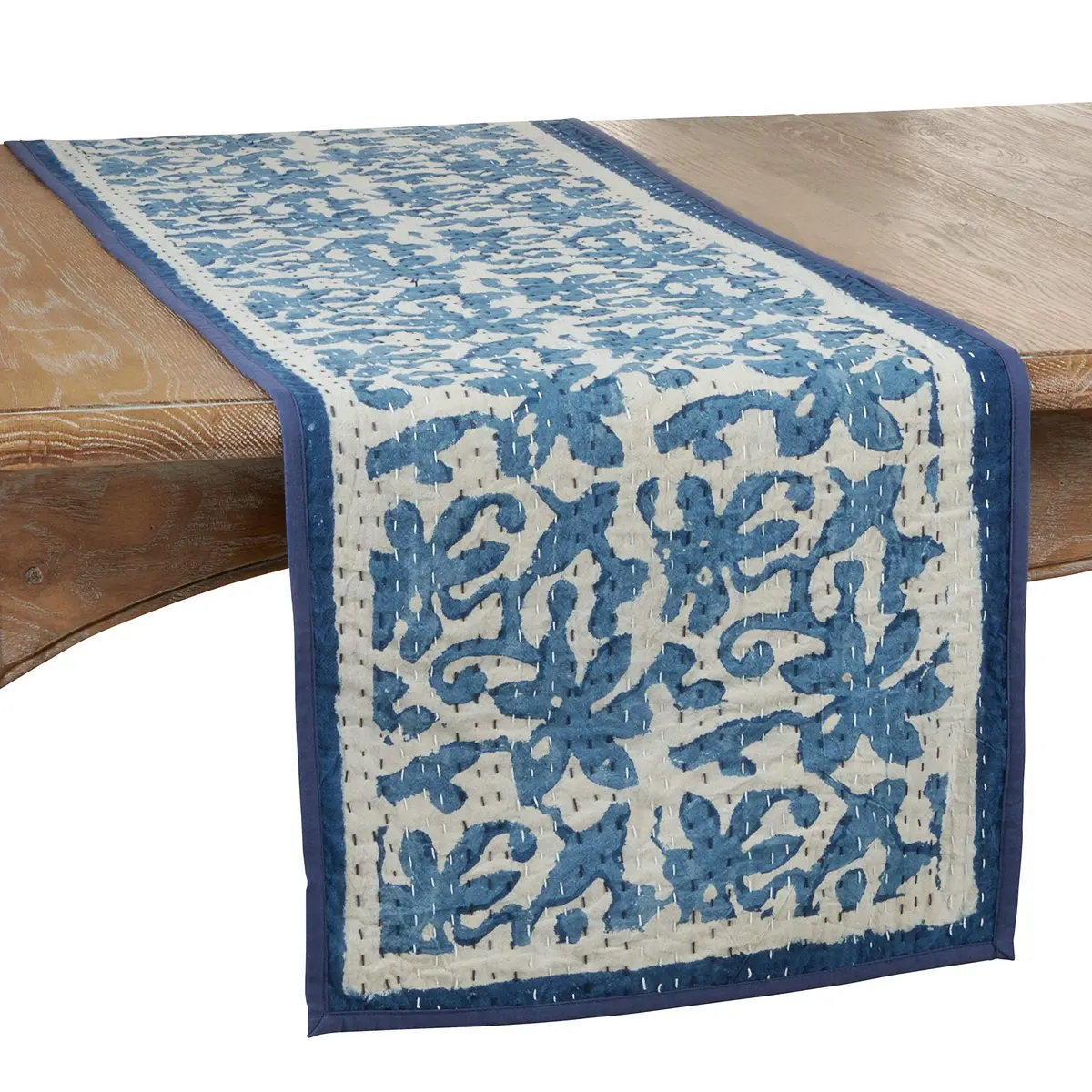 SARO LIFESTYLE Block Print Floral Kantha Stitch Table Runner | 14" x 72" Cotton Decor - main product image
