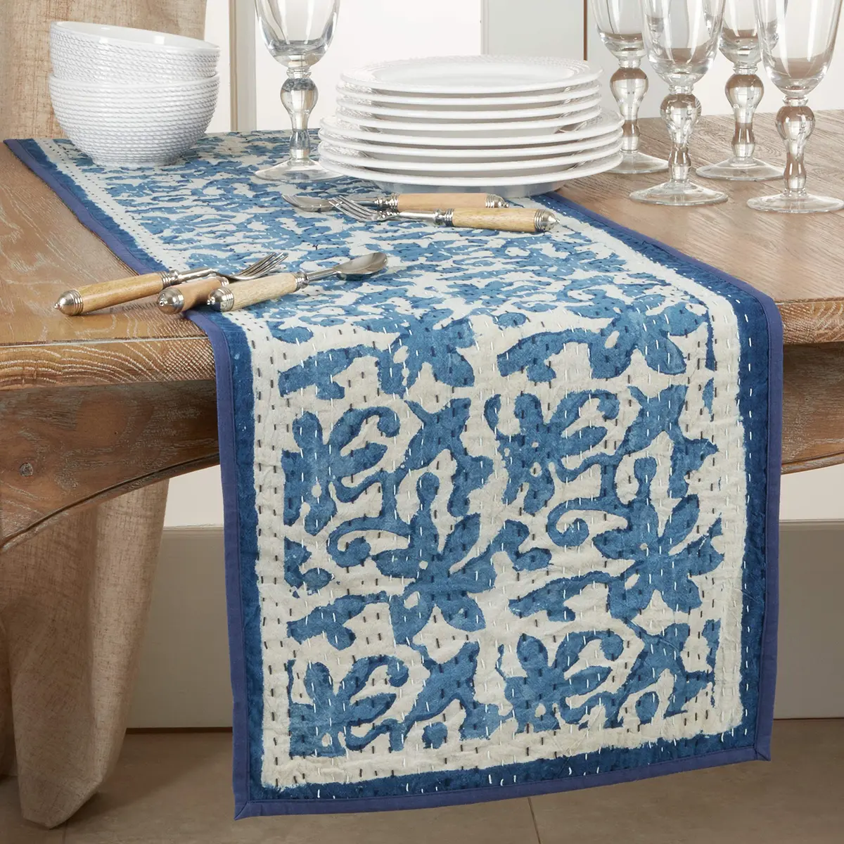 SARO LIFESTYLE Block Print Floral Kantha Stitch Table Runner | 14" x 72" Cotton Decor - view 3