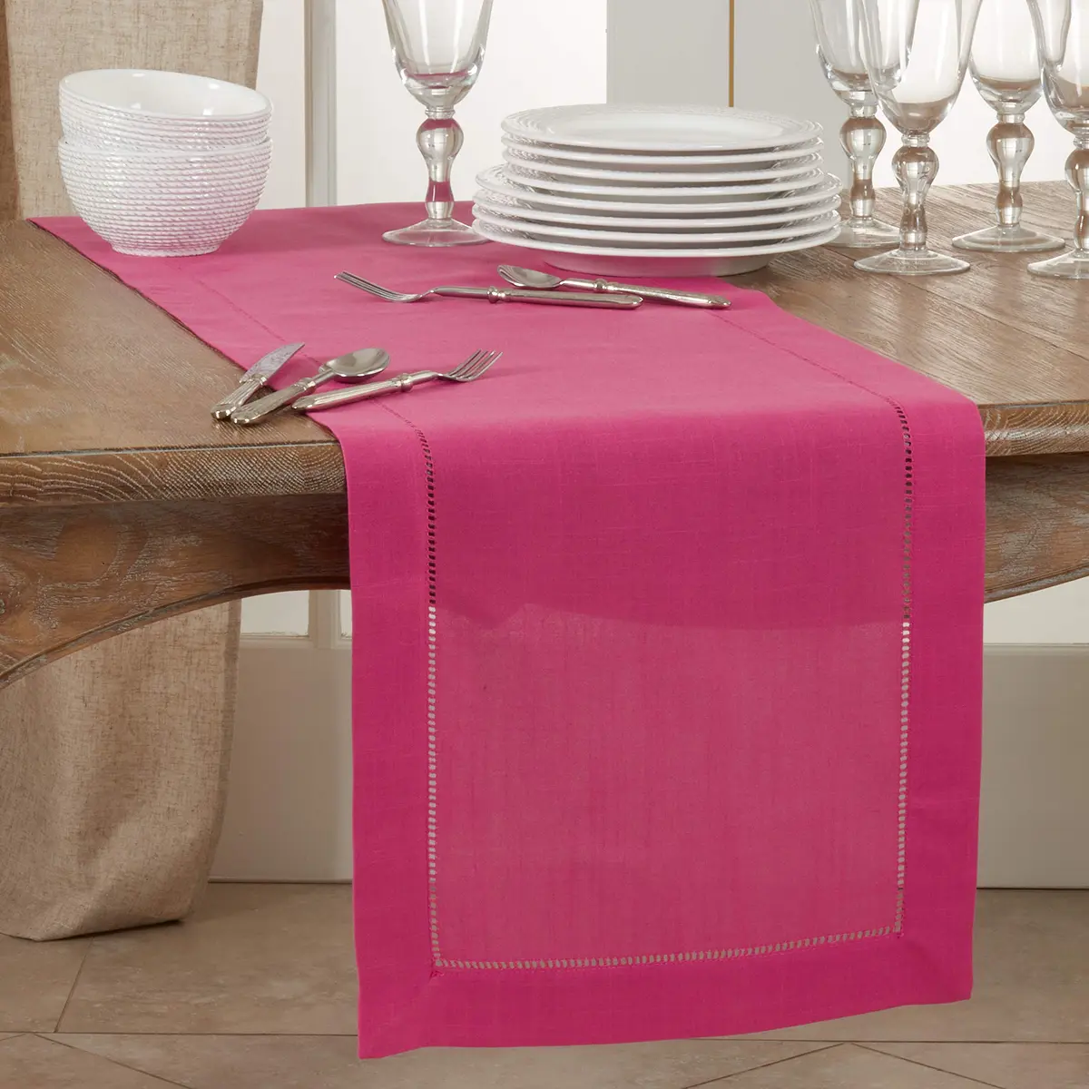 SARO LIFESTYLE Classic Hemstitch Table Runner 40cm x 183cm | Elegant Everyday Table Runner with Textured Fabric and Hemstitched Border - view 3