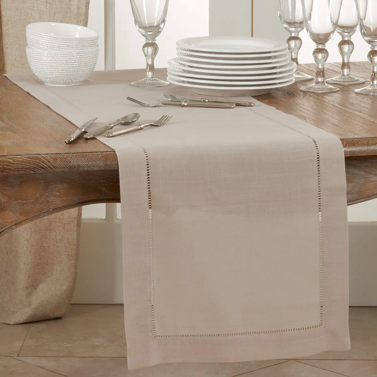 SARO LIFESTYLE Classic Hemstitch Table Runner 183 cm (72") | Elegant Taupe Runner for Dining Tables - view 3