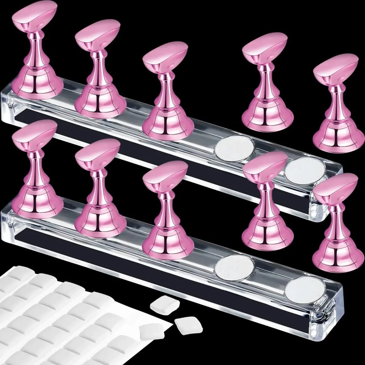 Blulu Magnetic Nail Art Practice Stands with Adhesive Putty (2 Sets, Metal Pink) | For Beginners & Salon Artists - main product image