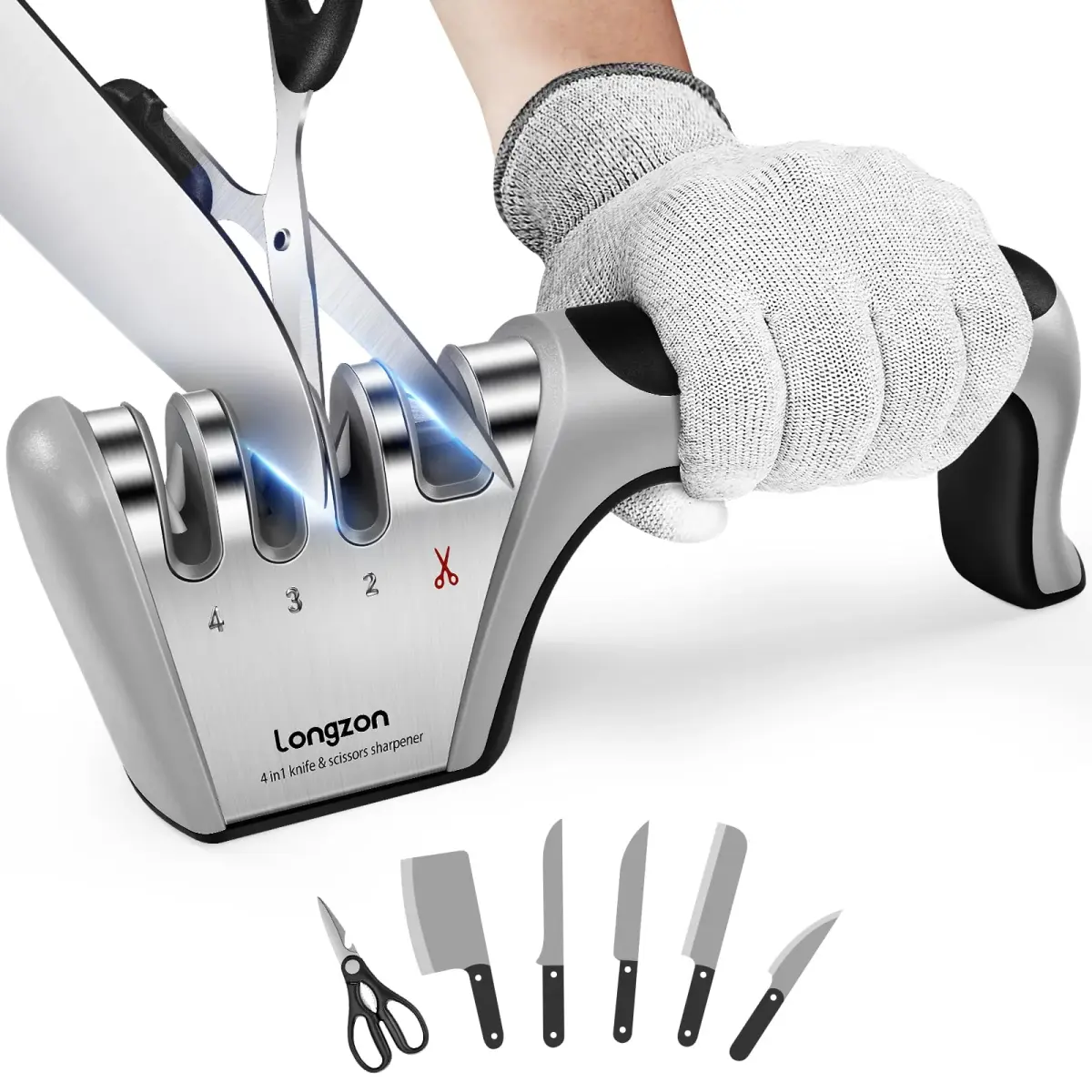 Longzon 4-Stage Knife Sharpener with Glove | 22.9 cm (9.06") - main product image
