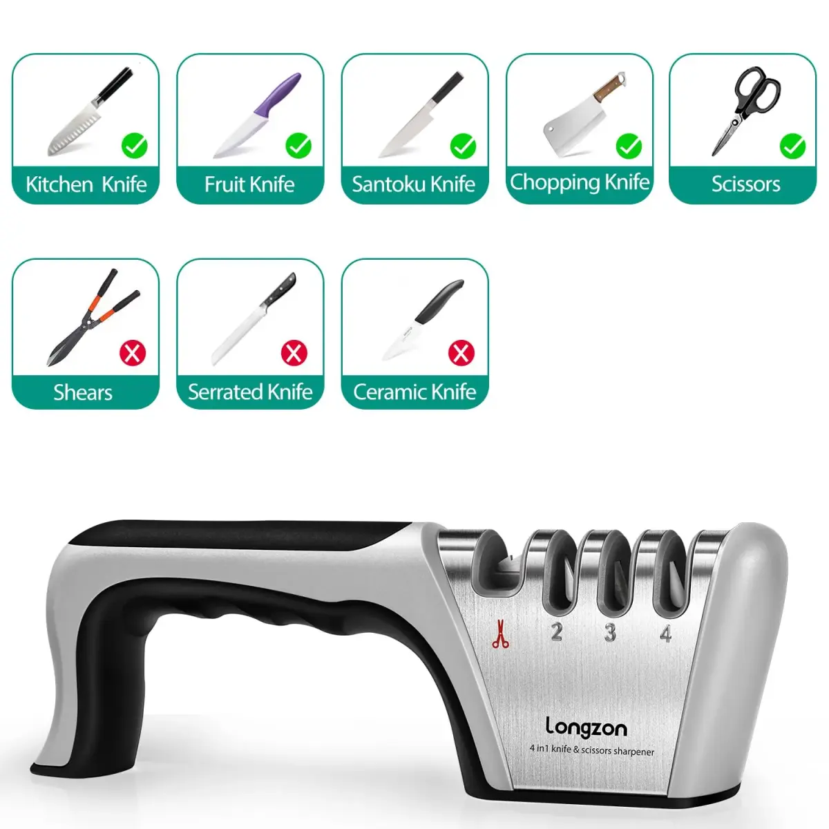 Longzon 4-Stage Knife Sharpener with Glove | 22.9 cm (9.06") - view 3