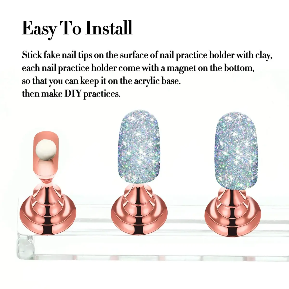 Blulu Magnetic Nail Art Practice Stands Set with 96 Putty Pieces | Metal Rose Gold, 2 Sets - view 6