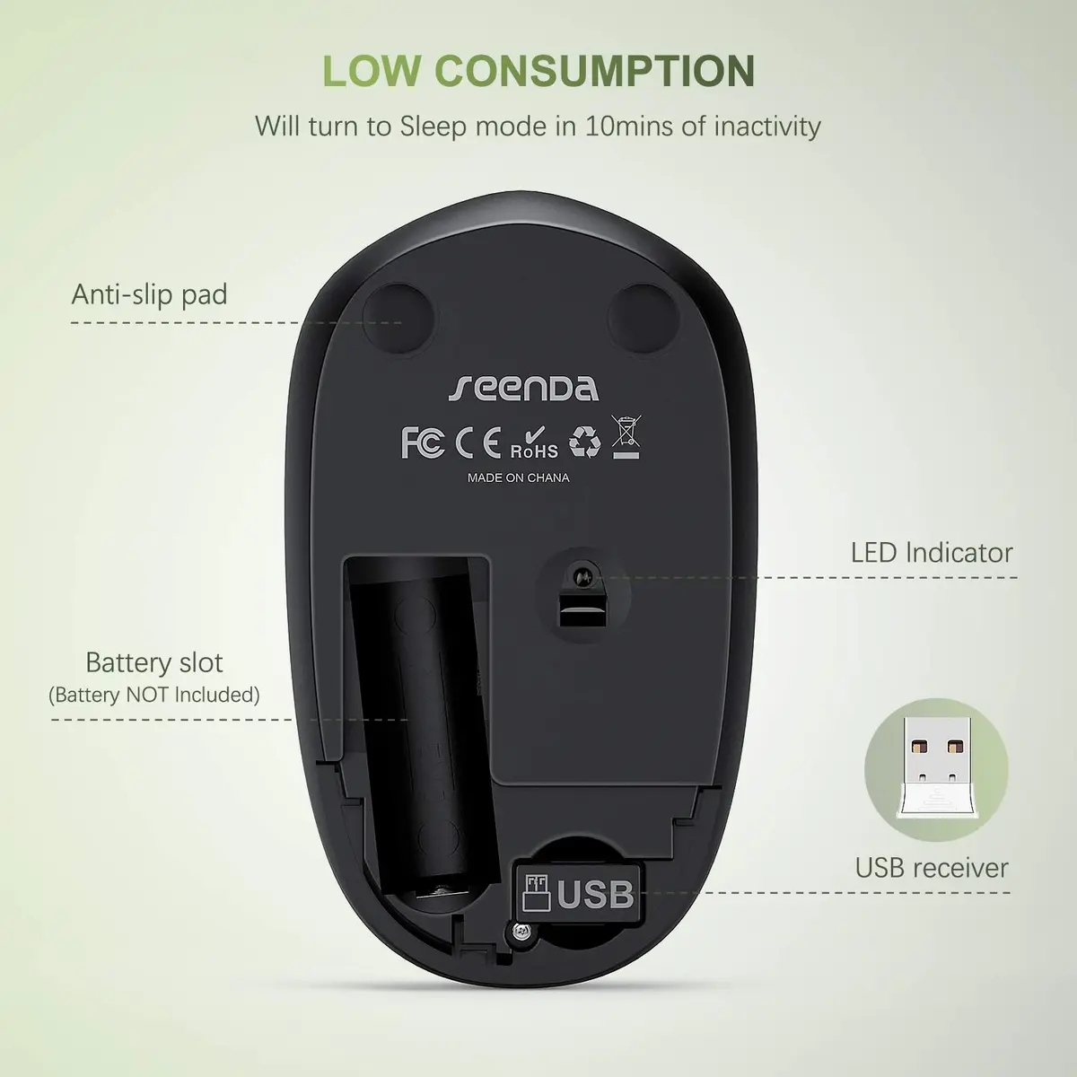 seenda Wireless Mouse for Laptop 2.4G Noiseless Green & Black | Compact, Quiet, 24-Month Battery - view 3