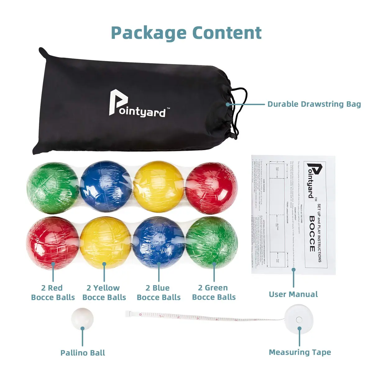 Pointyard 100mm Bocce Ball Set, 8 Premium PE Balls & Pallino Outdoor Game | Lightweight, All-Weather, Bag & Tape Included - view 7