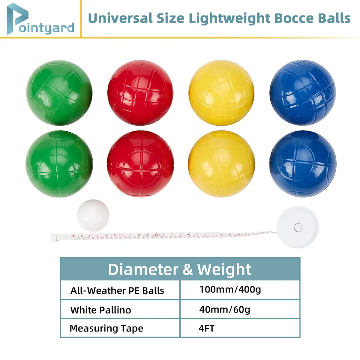 Pointyard 100mm Bocce Ball Set, 8 Premium PE Balls & Pallino Outdoor Game | Lightweight, All-Weather, Bag & Tape Included - view 3