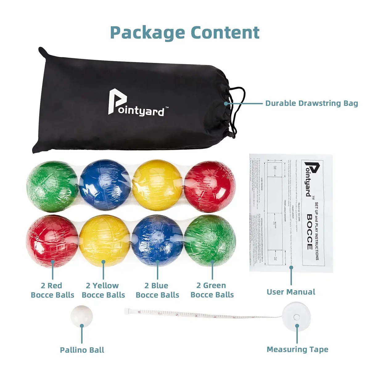 Pointyard 90mm Bocce Ball Set, 8 Premium PE Balls & Pallino Outdoor Game | All-Weather Lawn Game for 2-8 Players - view 5
