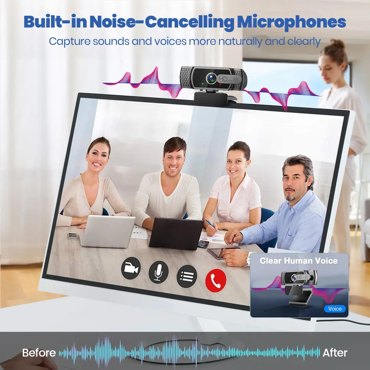 Samcorn 1080P HD USB Webcam with Microphone & Tripod | Autofocus 3D Noise Reduction - view 5