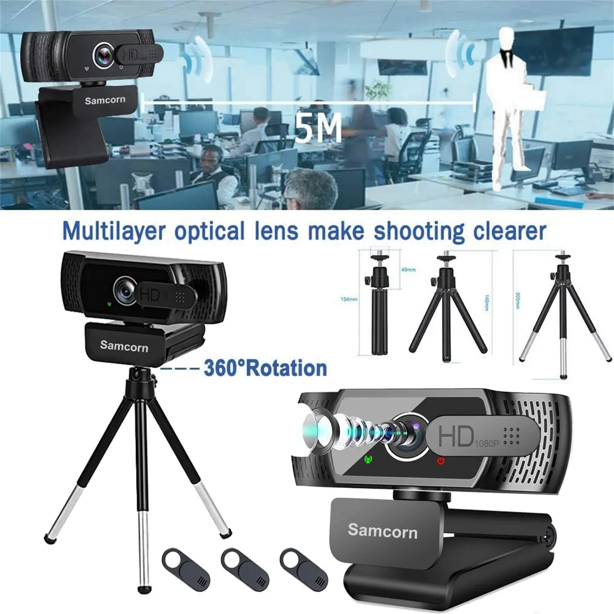 Samcorn 1080P HD USB Webcam with Microphone & Tripod | Autofocus 3D Noise Reduction - view 10